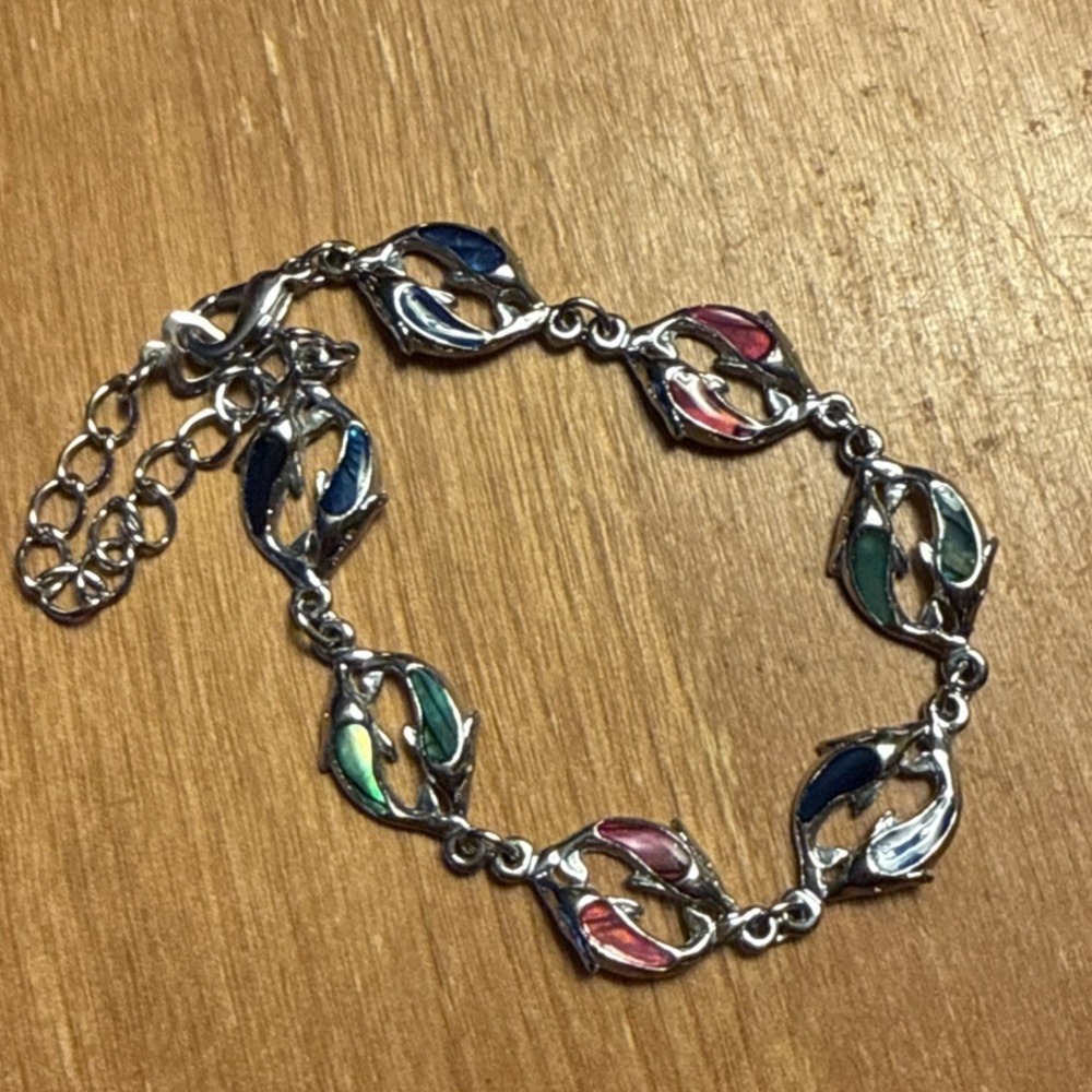 Dolphin Bracelet Anklet Multicolor Enamel Silver Tone Adjustable 10 Inch